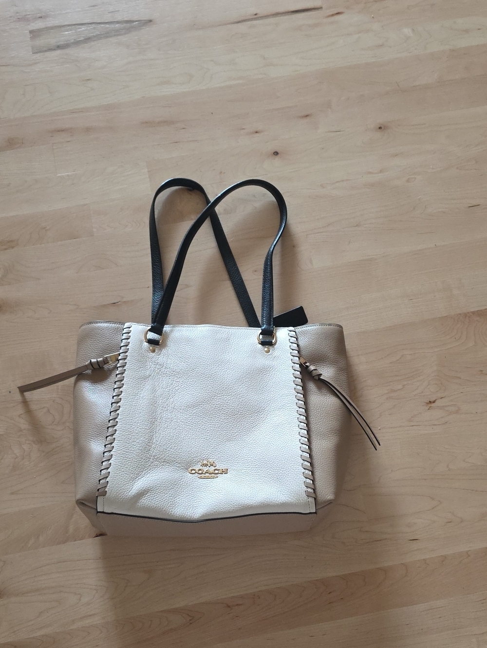 Coach Two-Tone Leather Tote in Cream, Tan and Black
